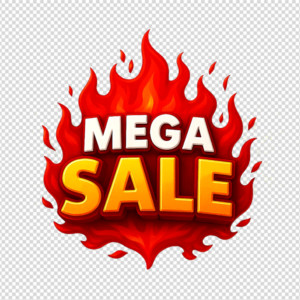 A 'Mega Sale' 3D text graphic engulfed in bright red and orange flames