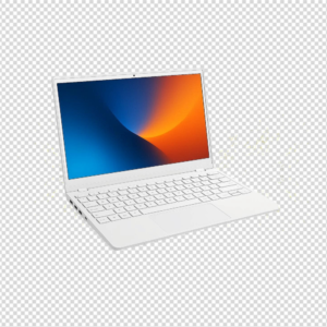 A sleek, modern white laptop open at an angle, displaying a colorful orange and blue screen wallpaper.