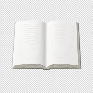 A clean, realistic open notebook featuring blank lined pages resting perfectly flat on a white background.