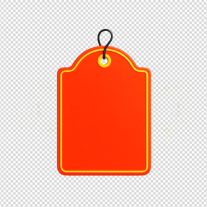 Minimalist orange and yellow sales tag with a black string loop.