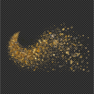 Ultra-realistic photograph of a structured, curving cloud of diverse gold and silver glitter fragments, beads, and star-shaped sparkles, centrally isolated on a flawless white background. Unique design with macro detail.