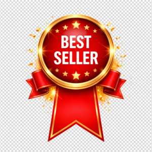 A circular red 'Best Seller' badge with a gold border and red ribbons