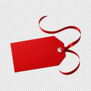 A photorealistic brushed gold metal scalloped circular tag with a luxurious red satin ribbon tied to a central grommet, on a white background.