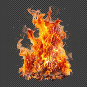 A roaring bonfire with bright orange flames and glowing charcoal at the base.