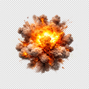 A massive, highly detailed 3D explosion with thick billowing smoke and bright orange fire.
