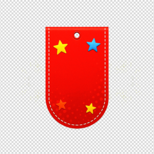 Simple red rectangular sales tag with colorful star decorations.