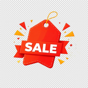 A vibrant red discount sale tag with yellow confetti on a transparent background.