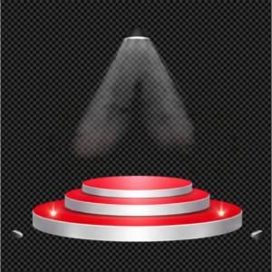A three-tiered red and silver circular podium under a bright white spotlight.
