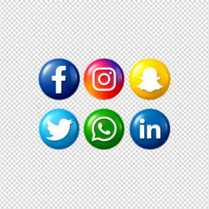 Glossy 3D social media icons set including Facebook, Instagram, Snapchat, Twitter, WhatsApp, and LinkedIn in round button style PNG