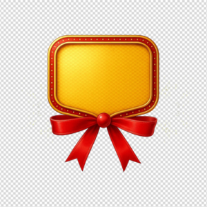 A high-quality 3D blank golden rectangular badge featuring a textured center, a red studded border, and a large realistic red ribbon bow at the bottom, isolated on a white background.