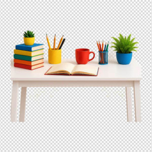 A bright and modern white study table organized with colorful stacked books, a red coffee mug, small potted plants, and pen holders