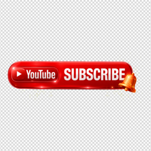 A glossy red YouTube subscribe button with a white logo and a golden notification bell.