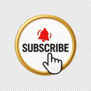 White and gold circular YouTube subscribe button PNG with red bell icon and clicking hand cursor
