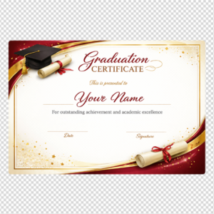 Professional academic certificate with mortarboard and scrolls