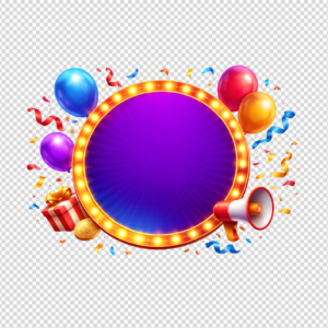 Colorful birthday celebration frame with balloons, gift box, and megaphone.