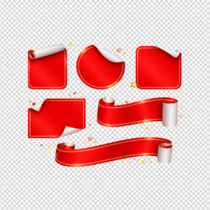 Collection of red glossy ribbons, banners, and curled edge stickers.