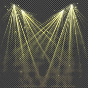 Dual golden spotlight rays with glittering particles on transparent