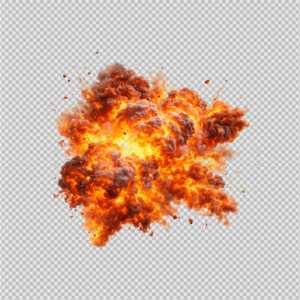 Cinematic fireball explosion with sparks and debris isolated on white
