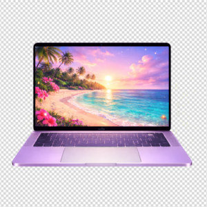 Open purple laptop showing a beautiful sunset beach wallpaper
