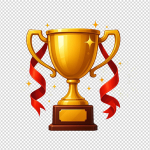 Golden winner's cup trophy with red silk ribbons and sparkles