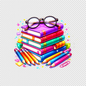 Vibrant 3D stack of textbooks with reading glasses and pencils