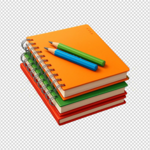Three colorful spiral notebooks with blue and green pencils