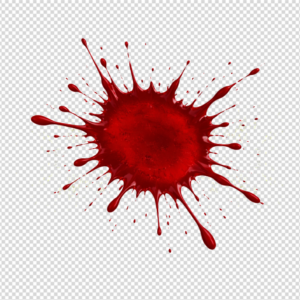 Dynamic red liquid paint or blood splash with droplets on transparent